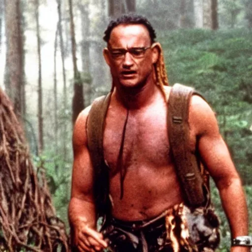 Prompt: tom hanks in the move forest gump replaced by a monster from the movie predator, still movie shot