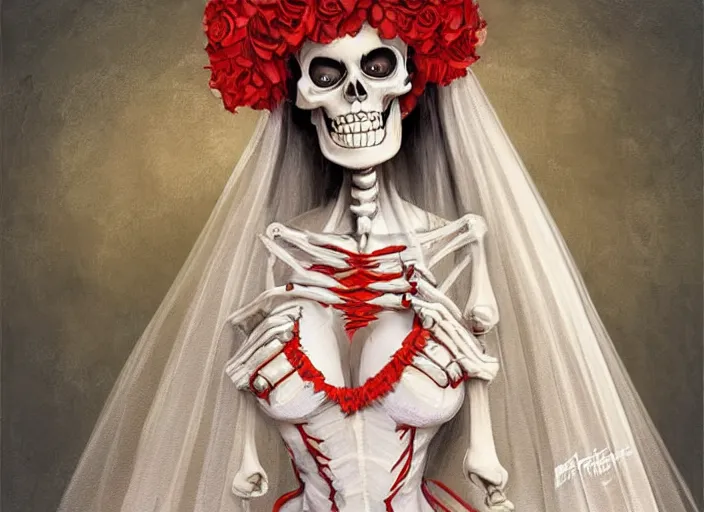 Prompt: cute & beautiful smiling mexican undead skeleton girl with red lips dressed as a bride looking at the viewer, elegant, digital art, fantasy, pixar style, painting, pin up, highly detailed, artstation, art by artgerm, vrubel, boris vallejo and ilya kuvshinov