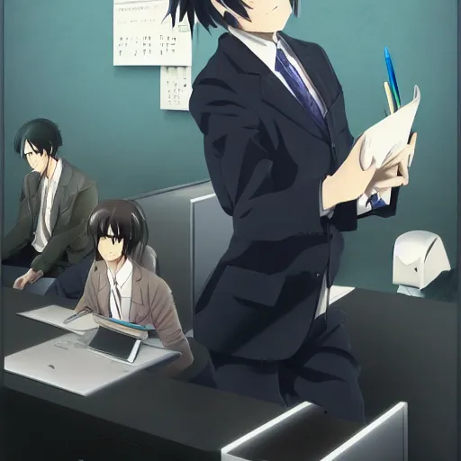 Image similar to portrait of the overworked office worker, anime fantasy illustration by tomoyuki yamasaki, kyoto studio, madhouse, ufotable, comixwave films, trending on artstation