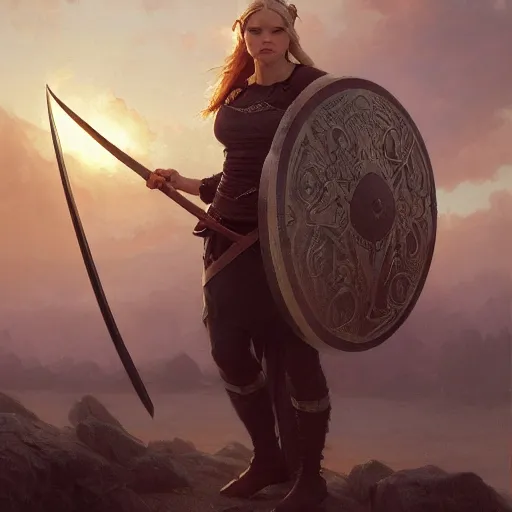 Image similar to A full view image of a viking shield maiden, with a spear and shield, at golden hour by Ruan Jia and Mandy Jurgens and Artgerm and william adolphe bouguereau, highly detailed, trending on artstation, award winning, H 768