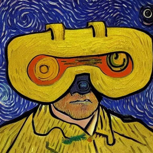 Prompt: Van Gogh painting of a brain wearing VR headset