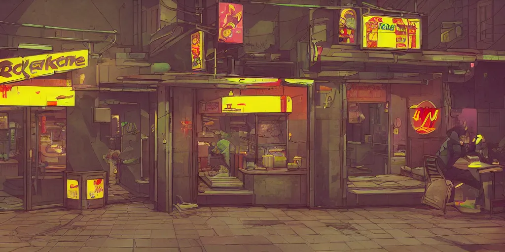 Image similar to a lone backalley cyberpunk mcdonalds by kirokaze