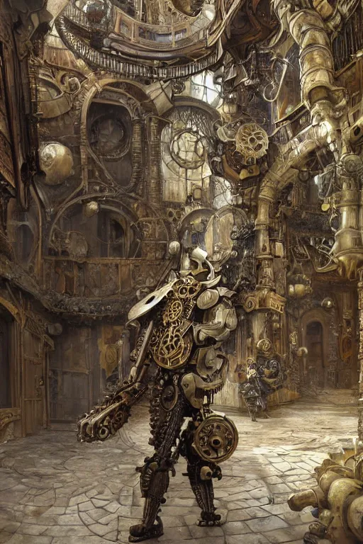 Prompt: a biomechanical palace guard made of machine parts and clocks is walking through a steampunk byzantine courtyard by anders zorn, gun arms, shiny, wonderful, mandelbulb 3 d buildings, fractal designs, dynamic, masterpiece by greg rutkowski, hyperrealism, beautiful cinematic light, by greg manchess, jessica rossier