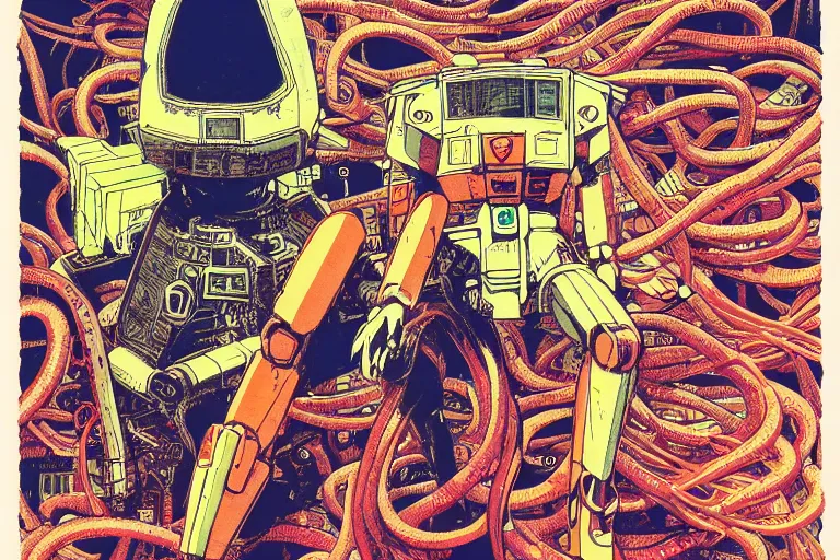 Image similar to risograph grainy drawing vintage sci - fi, satoshi kon color palette, gigantic gundam full - body covered with human bodies and wires, with lot tentacles, vermilion color, codex seraphinianus painting by moebius and satoshi kon and dirk dzimirsky close - up portrait