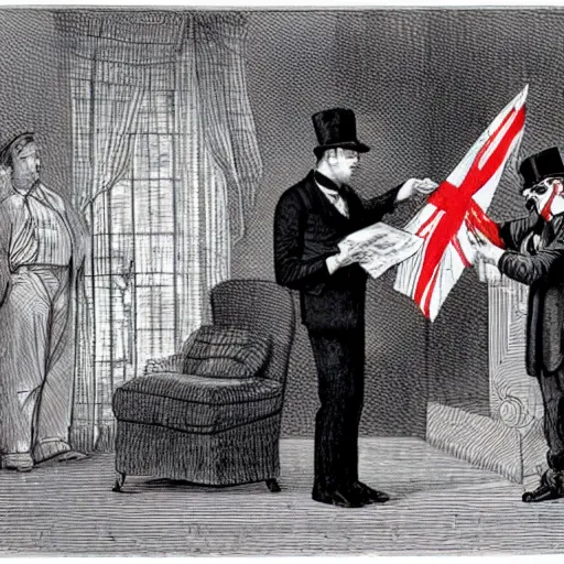 Prompt: a photograph of a doctor diagnosing a terrified patient. The patient is dressed in a suit and tophat with a monocle and union jack flag