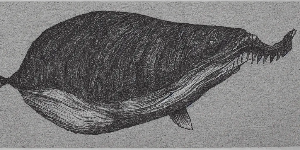 Prompt: pencil etching of a monstrous horrifying whale, its body is rotting