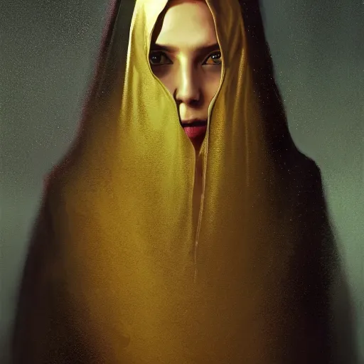 Image similar to a portrait of a young woman wearing a long dark cloak, hood and shadows covering face, holding golden chains, oil painting, matte painting, black background, Volumetric Golden dappled dynamic lighting, Highly Detailed, Cinematic Lighting, Unreal Engine, 8k, HD, by Beksinski