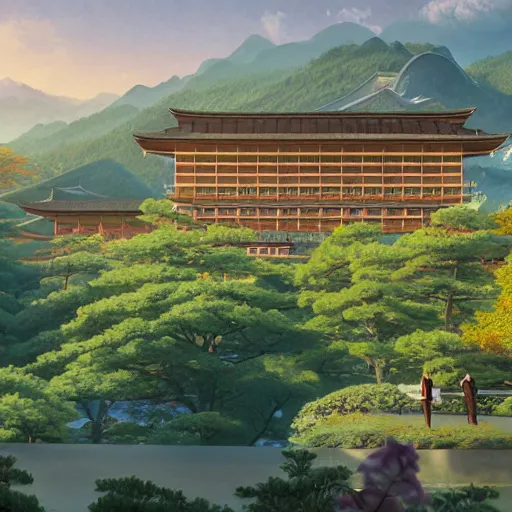 Image similar to an upscale japanese hotel, on the mountain, highly detailed vfx portrait, unreal engine, greg rutkowski, loish, rhads, caspar david friedrich, makoto shinkai and lois van baarle, ilya kuvshinov, rossdraws, elegent, tom bagshaw, alphonse mucha, global illumination, detailed and intricate environment.