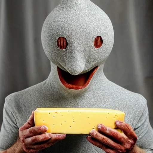 Prompt: anthropomorphic cheese wedge, man with cheese for a head, cheese wedge man. man is similar to a golem of cheese. This man is made COMPLETELY of cheese! Photograph of Cheese. Supercheese man!