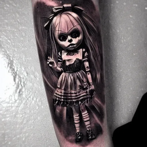 Prompt: tattoo of the annabelle doll, dark, scary, horror, high detail