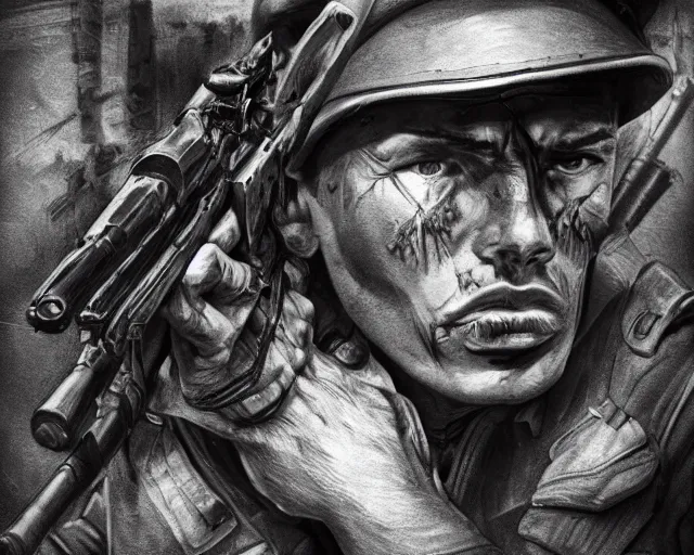 Image similar to A soldier with a hateful face holding a machine gun, world war 1, close-up, realistic face, beautiful face detail, mature facial features, black and white, amazing digital art, hyper detailed, artstation, in the style of Tony Sart