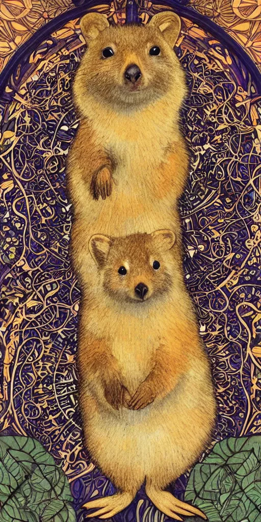 Image similar to a quokka in the style of mucha