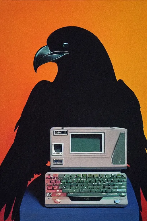 Prompt: a raven using 8 0 s era technology, vintage shapes, retro technology, pantone color, wayne barlow, oil on canvas, deep depth of field, masterpiece, cinematic composition, hyperdetailed