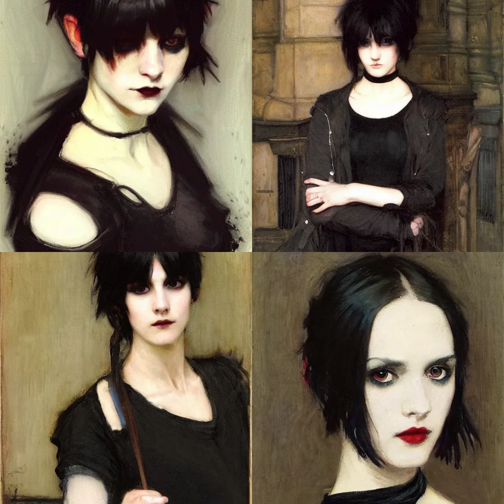 Prompt: a goth portrait painted by john william waterhouse. her hair is dark brown and cut into a short, messy pixie cut. she has a slightly rounded face, with a pointed chin, large entirely - black eyes, and a small nose. she is wearing a black tank top, a black leather jacket, a black knee - length skirt, a black choker, and