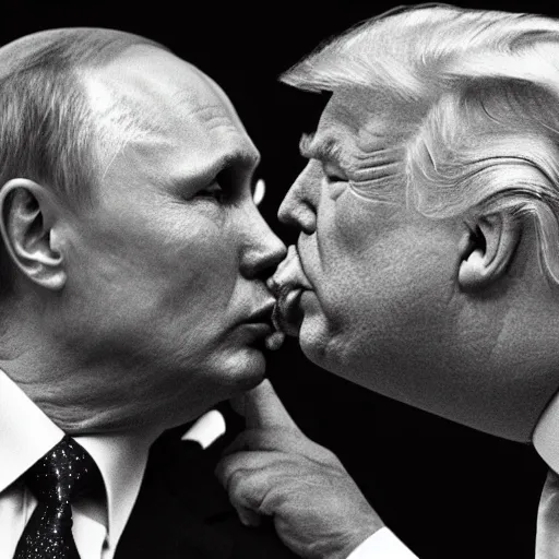 Image similar to putin kissing trump, hyper realistic, highly detailed, depth of field.