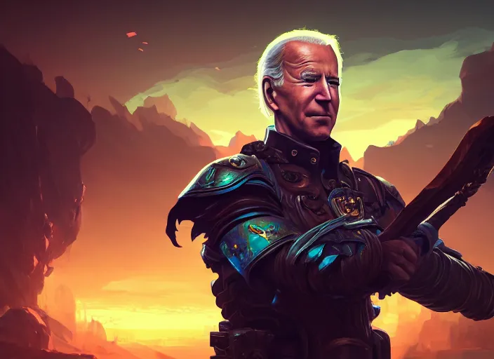 Image similar to joe biden fantasy warrior, rule of thirds, league of legends splash art, path traced, octane, highly detailed, enigmatic lighting, digital painting, hd, alena aenami, lilia alvarado, shinji aramaki, karol bak, alphonse mucha, tom bagshaw, colin searle, artstation, ray tracing, unreal engine 5