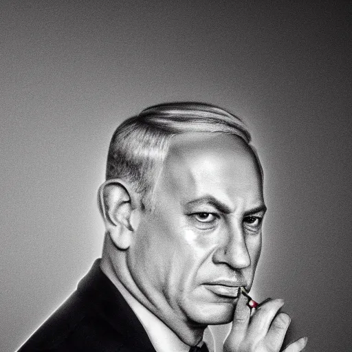 Image similar to a portrait of benjamin netanyahu as an advanced cyborg smoking a cigar, smoke in background, grainy, dramatic lighting, octane render, neutral colors, sharp, 4 k