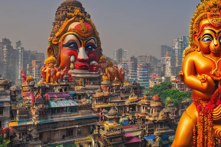 Image similar to high quality photo dreamscape! mumbai with biomorphic hanuman!! head building, kalighat, octane highly detailed, cinematic smooth, stephen shore & john j. park, soft morning light, wide shot, high angle, uhd 8 k, deep focus