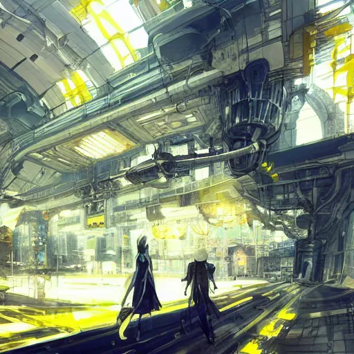 Prompt: white and yellow colors. highly detailed post-cyberpunk sci-fi train station in style of cytus and deemo, mysterious vibes, by Akihiko Yoshida, by Greg Tocchini, nier:automata, set in half-life 2, beautiful with eerie vibes, very inspirational, very stylish, surrealistic, perfect digital art, mystical journey in strange world, bastion game