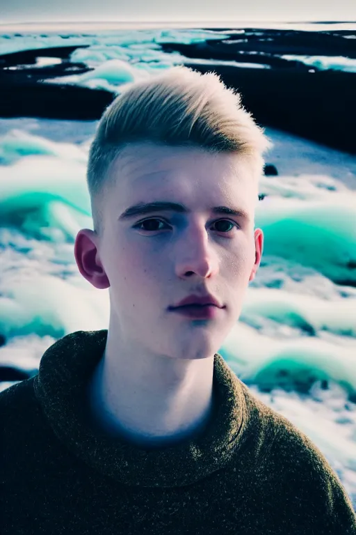 Image similar to high quality pastel coloured film mid angle selfie photograph of a beautiful young 2 0 year old male, soft features, standing in an icelandic black rock environment. atmospheric. three point light. photographic. art directed. ( pastel colours ). volumetric light. stark. waves glitch. 8 k. filmic.