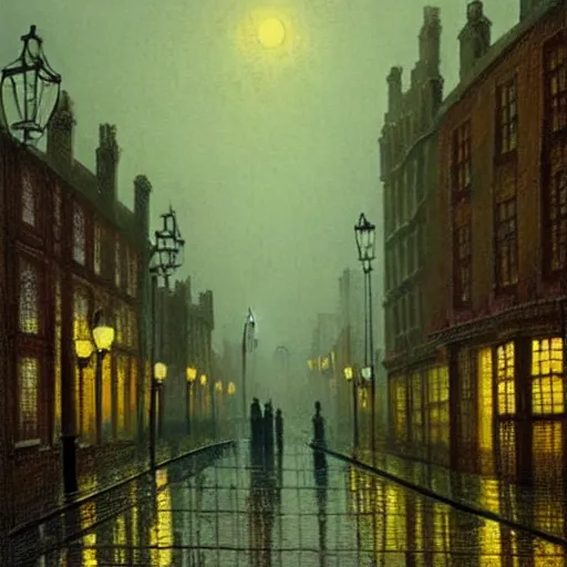 Image similar to a beautiful painting of a street of london at night, street lamps on, foggy, misty, atmospheric, by john atkinson grimshaw