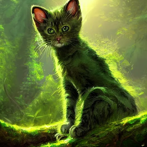 Image similar to a green eldritch kitten in an overgrown forest viewed from the sky by Marek Okon, god rays, fantasy art, 4k, HDR, photorealistic, 8k, trending on artstation