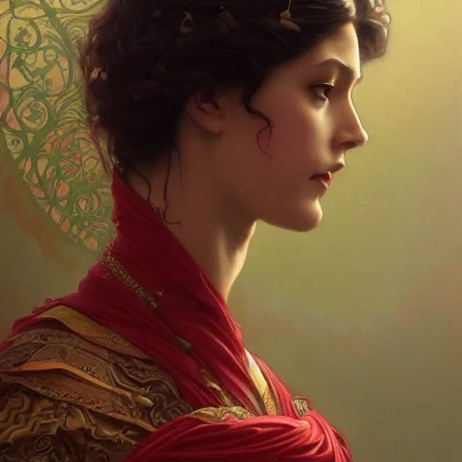 Image similar to portrait of scarlet goddess, intricate, elegant, highly detailed, digital painting, artstation, concept art, smooth, sharp focus, illustration, art by artgerm and greg rutkowski and alphonse mucha and william - adolphe bouguereau