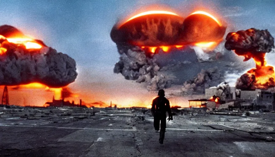 Image similar to big budget action movie about a nuclear explosion destroying a city