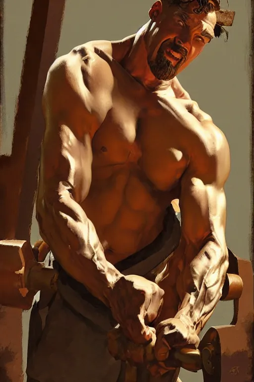 Prompt: muscular sweaty male blacksmith, forgehouse painting by craig mullins, j. c. leyendecker, tom of finland