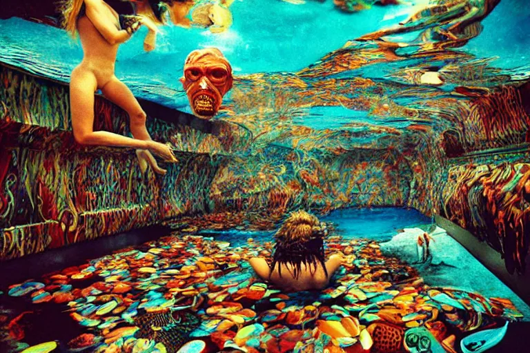 Image similar to 35mm color lomography, last photo, portrait, fashion shoot, weird, random, strange, spooky, hyperdetailed, photorealistic, high fashion, interesting, swimming pool, david cronenberg, by Jacek Yerka