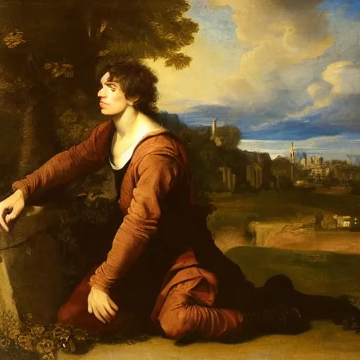 Image similar to portrait of a young gentleman in the style of valentin de boulogne, beautiful landscape in the background