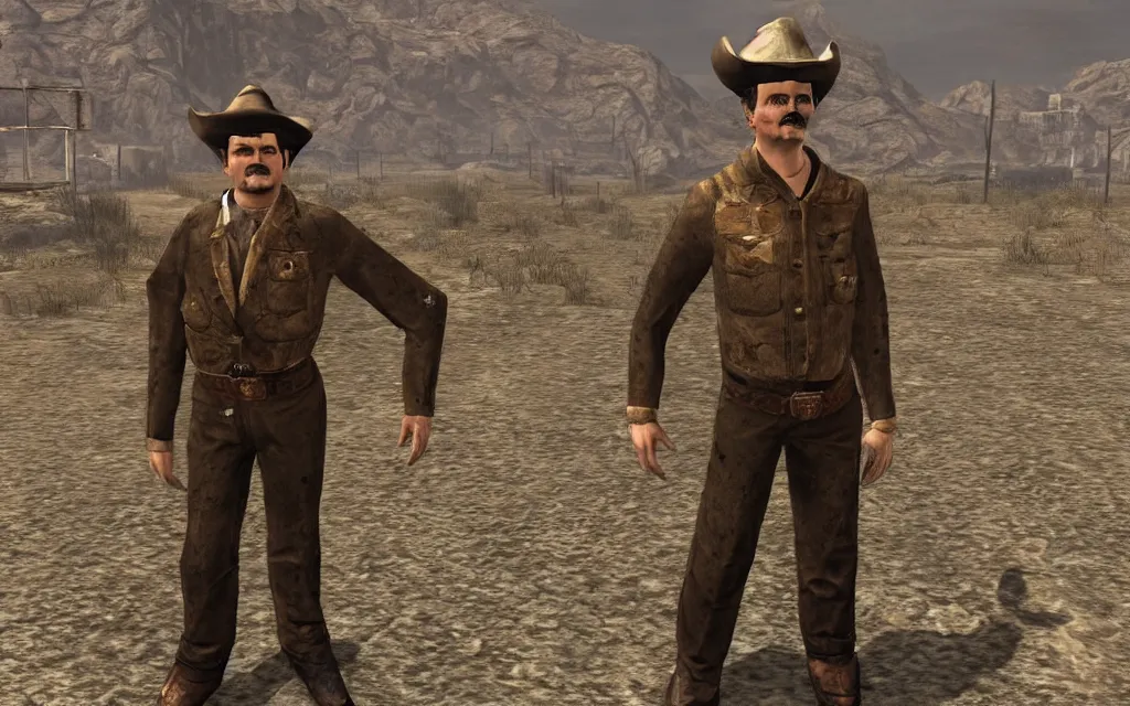 Image similar to young Lech Wałęsa as a cowboy npc character in fallout new vegas,