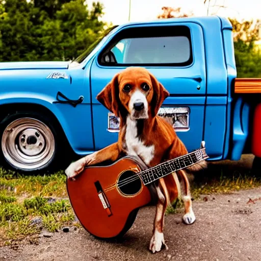 Image similar to A folkpunk brown hound dog playing the guitar in front of a pickup truck after the apocalypse