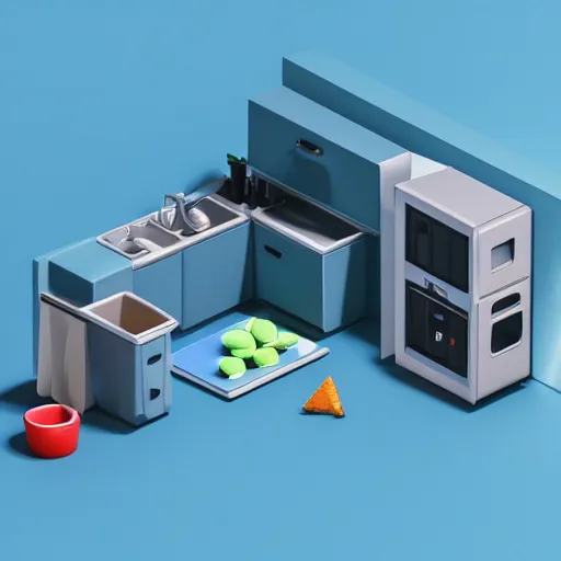 Prompt: isometric minimalistic chubby kitchen with pepe the frog and trashcans, cinema 4 d, 1 0 0 mm, blue color scheme depth of field, octane render, studio lighting