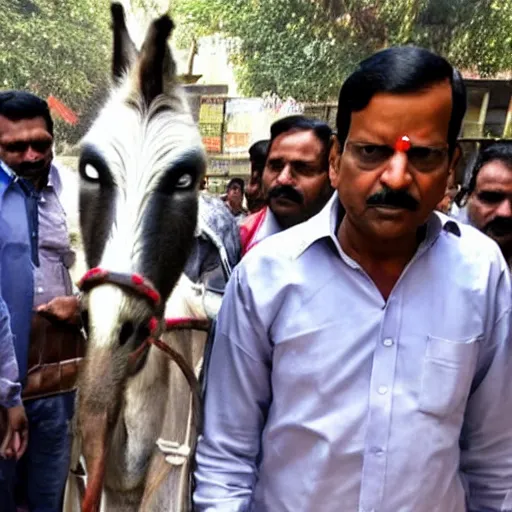 Prompt: arvind kejriwal roaming on streets of delhi on a donkey