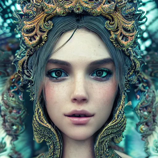 Image similar to wonderful princess of fractals and patterns, beautiful face, hyper detailed, background intricate and detailed, ornate 8 k gorgeous intricate detailed, octane render