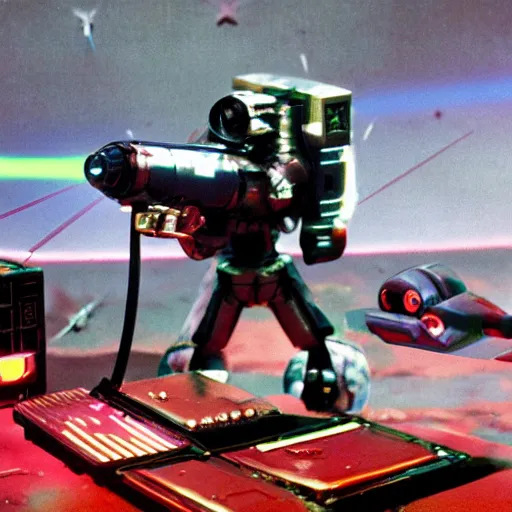 Image similar to a close up instructional well lit photograph of a sci for spaceship battle command showing off various laser blasters and sound cannons to an alien Kodachrome