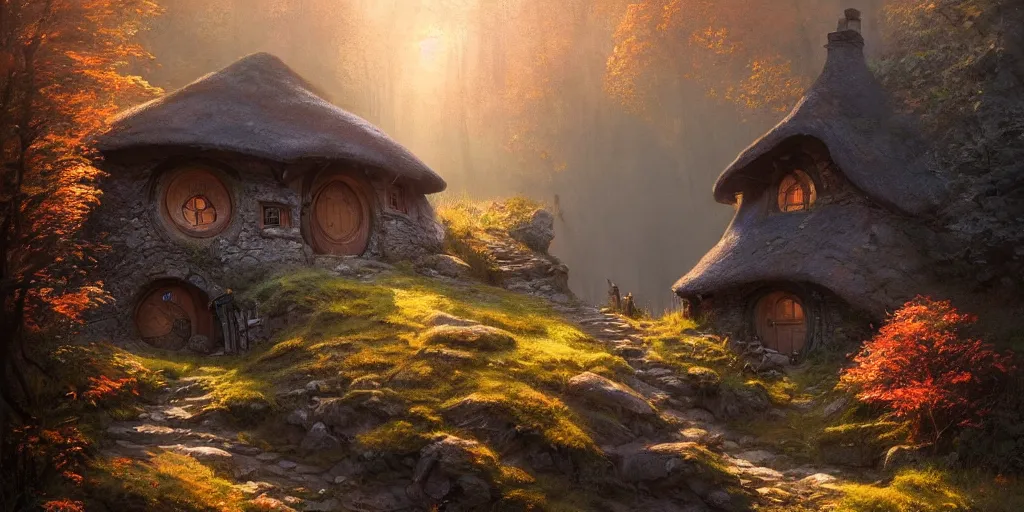 Image similar to a hobbit cottage on top of a steep hill, greg rutkowski, zabrocki, moebius, concept art, highly detailed, autumn sunlights, smoky atmosphere, ( ray of sunlight ), ilya kuvshinov, ossdraws, 8 k, ultra wide angle, zenith view, lens effect