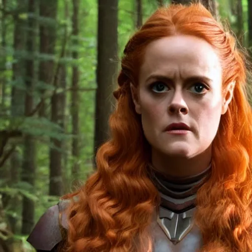 Prompt: close - up movie still of cute redhead alicia silverstone as bounty hunter mara jade on the forested mountain planet wayland in star wars episode vii : heir to the empire