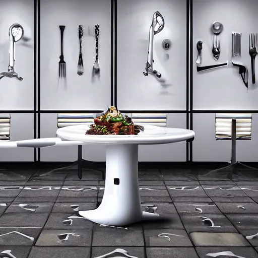 Image similar to three large white glossy kuka industrial robot arms on the floor around a dinner table, the kuka industrial robot arms are wearing bow ties, the table is full of food, they are having dinner inside a posh fine dining restaurant with mid - century modern furniture and decor, global illumination, artstation, fantasy, volumetric light