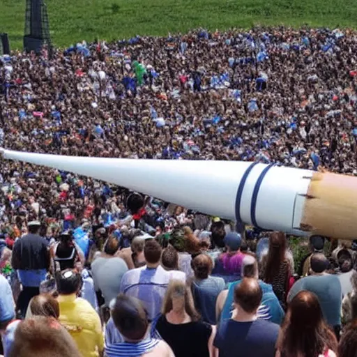 Prompt: nasa's new baguette rocket about to take off from a launch pad. the photo was taken slightly above a crowd of spectators looking at the baguette rocket and cheering on its launch