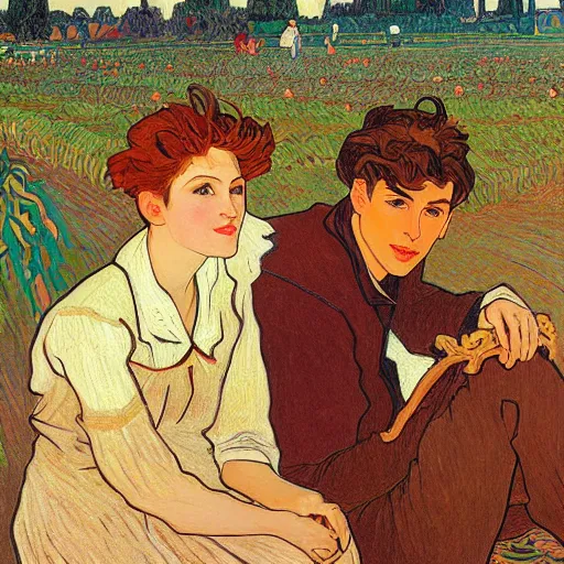 Prompt: painting of handsome young delicate beautiful jeffrey in his 2 0 s with brown hair and gorgeous rina together at the pumpkin patch in october, elegant, clear, painting, stylized, art, art by alphonse mucha, vincent van gogh, egon schiele