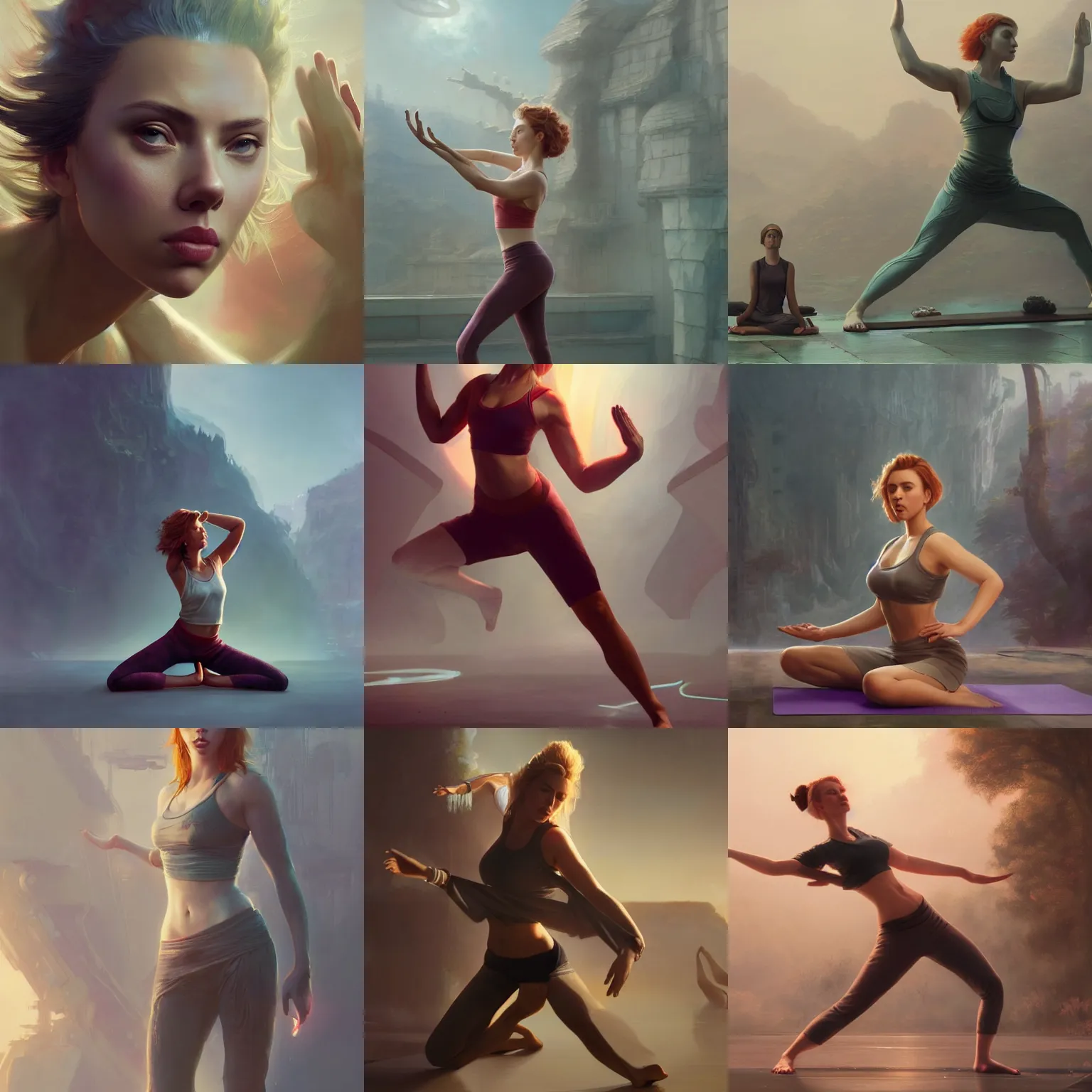 Prompt: scarlett johansson as a yoga instructor, 3 d render, ruan jia, wlop. scifi, fantasy, magic the gathering, hyper detailed, octane render, concept art, peter mohrbacher