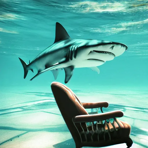 Image similar to a shark sitting in a chair reading a book underwater realistic hdr 8 k 3 5 mm