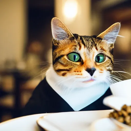 Image similar to A photo of a cat wearing a suit sitting in a fancy and expensive gourmet restaurant and eating a plate of cat food. f/2.8, dim lighting, award winning photo