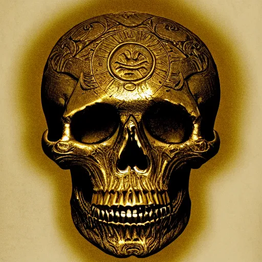 Image similar to a dark ominous chiaroscuro baroque still life photo of a ray of god light shining on a floating golden skull completely covered in ancient runic engravings inscriptions about prophecies, spells, ominous darkness background. weirdcore