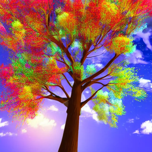 Prompt: A luminous tree of colorful fruits in the sky, 8k, hyper realistic, insainly detailed, HDR, octan render