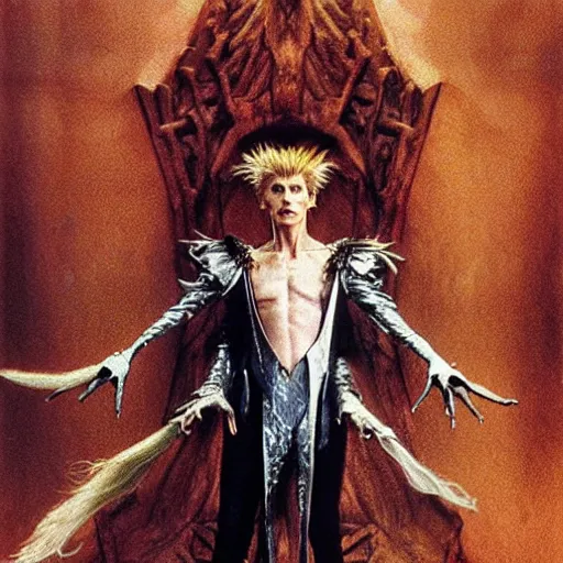 Prompt: David Bowie as the Goblin King from the movie Labyrinth (1986), intricate, highly detailed, fullbody, artstation, concept art, smooth, sharp focus, illustration, art by greg rutkowski and orientalism and bouguereau and Zdzislaw Beksinski, good clear quality, lighting, biology, symmetrical artwork, perfect face, 135 mm, cinematic, hyper realism, high detail, octane render, 8k, chrome accents