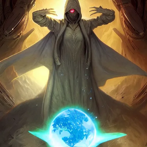 Image similar to rogue male wearing a cloak on an alien world and holding a holographic planet projection in his hand, masked face, detailed, sci - fi, digital painting, artstation, sharp focus, illustration, artgerm, tomasz alen kopera, peter mohrbacher, donato giancola, joseph christian leyendecker, wlop, frank frazetta