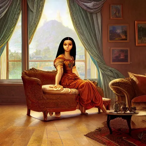 Image similar to Monalisa is sitting on her living room couch. She is dressed casually and is watching TV, Regal, Realistic, Refined, Detailed Digital Art, Josephine wall, Oil Painting, William-Adolphe Bouguereau, Art Frahm, Esao Andrews, Steampunk, Highly Detailed, Cinematic Lighting, Unreal Engine, 8k, HD